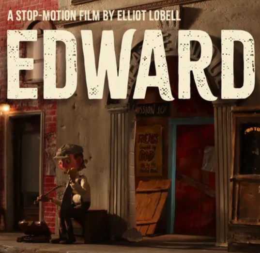 Edward" poster — a stop-motion film by Elliot Lobell, showing a stop-motion figure of a man playing violin on a worn city street outside a brick building with a "Mission 105" storefront.